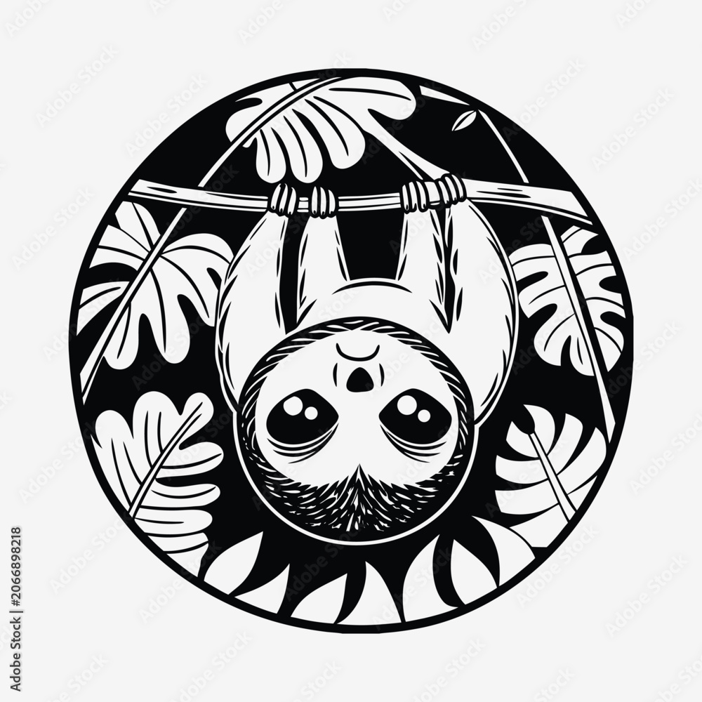 Obraz premium Cute sloth hanging upside down on tree branch with tropical leaves circular frame.