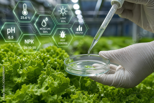 Scientist testing fresh green lettuce leaves in a high tech indoor vertical farm with digital chemical analysis icons floating in the air for agriculture research