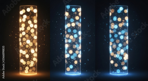 Three glowing neon pillars filled with warm and blue bokeh lights isolated on transparent background