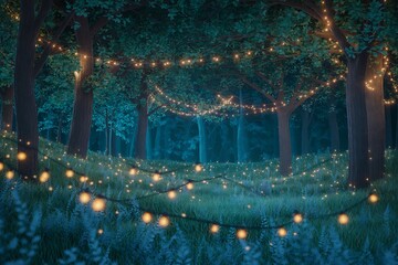 Enchanted forest landscape featuring strings of warm glowing fairy lights hanging between tall dark trees in peaceful woodland scene.