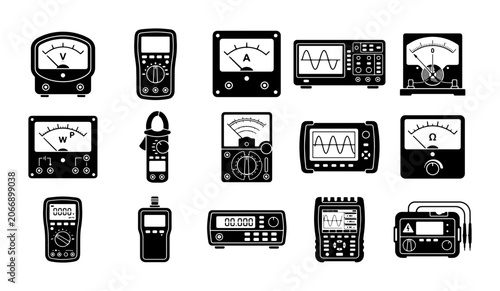 Canvas Print Electrical measuring instruments icon set, 15 black vector icons of multimeter a