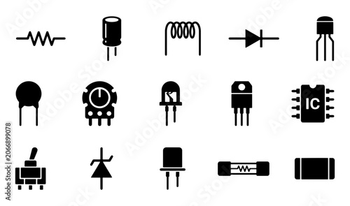 Foto Electronic component icons set, 15 black vector silhouettes of circuit board har