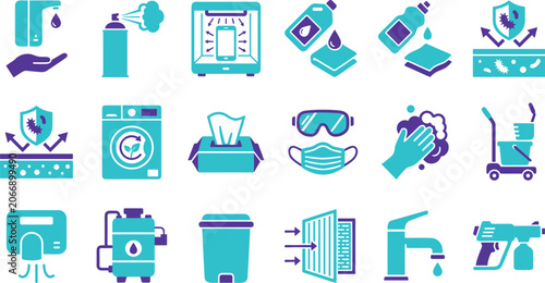 Tableau sur toile Cleaning and Disinfection Equipment Icon Collection with Sanitization Tools, Hyg
