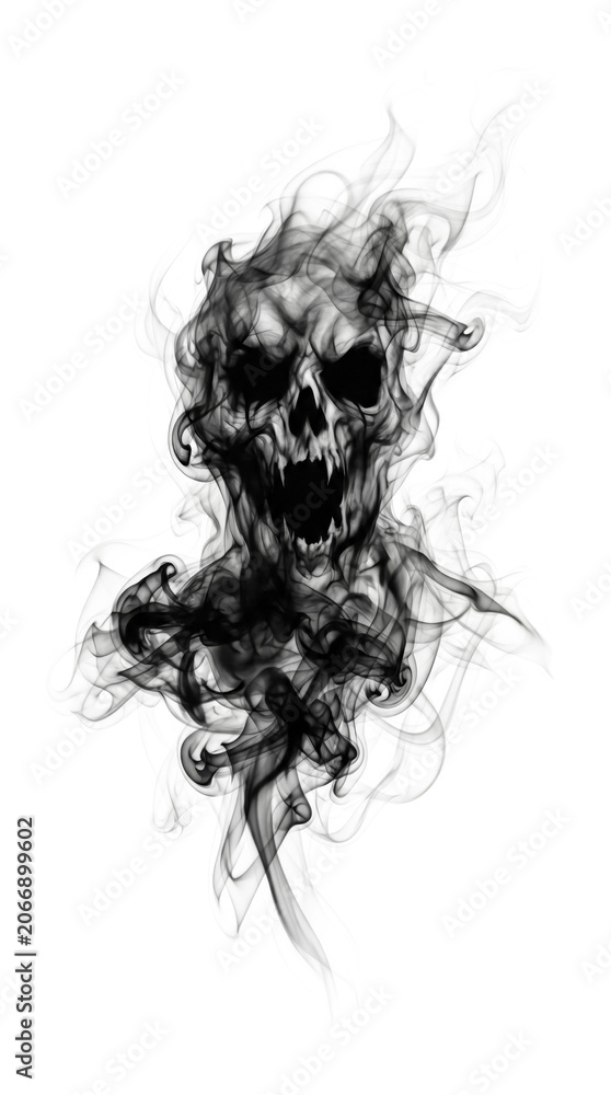 Fototapeta premium Terrifying demonic skull wraith silhouette formed from dense black smoke isolated on transparent background
