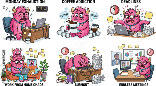 Konstfotografi Funny pink office monster vector set featuring stressed character dealing with d