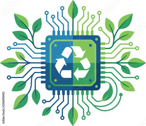 Green technology microchip with leaves and recycling symbol flat design for web and print