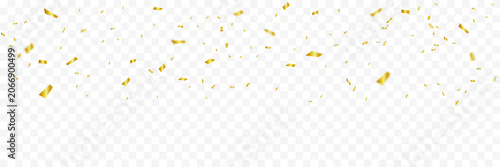 Golden confetti on a transparent background. Realistic falling tinsel. Luxurious anniversary template. Flying decorative elements. Bright serpentine strip, isolated. Vector illustration.