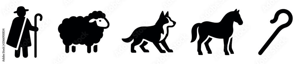 Obraz premium Farm animal icons set. Agricultural livestock and rural life concept. Includes shepherd, sheep, dog, horse, shepherd's crook. Solid black silhouette style