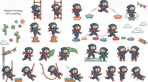 Photos Ninja character sprite sheet vector set with playful climbing jumping running sw