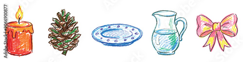 Everyday objects icons set. Home and decor concept. Includes burning candle, pine cone, decorative plate, water pitcher, gift bow. Hand-drawn doodle style