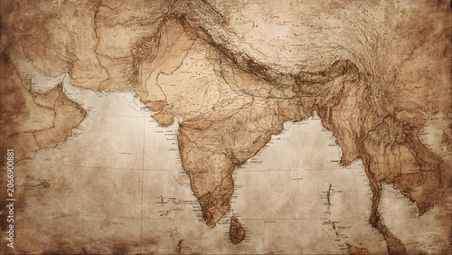 Vintage style ancient map of South Asia and India on aged parchment paper