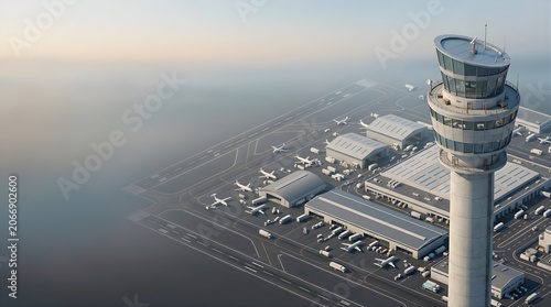 Aerial view of an international airport terminal and control tower complex