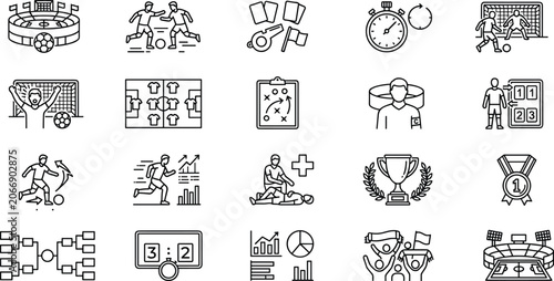 Black outline football league icons bundle with stopwatch timer player substitution board stadium arena and champion medal