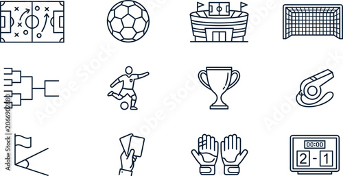 Cuadro en lienzo Black outline football match icons set with referee whistle stadium arena goalke