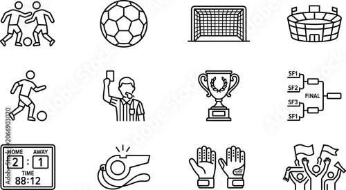 Soccer football line icon set featuring tournament brackets match scoreboard championship trophy cup and player action