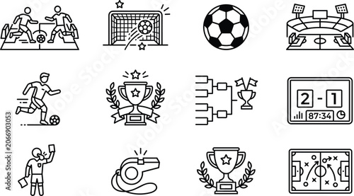 Photos Soccer football line icon set featuring tournament playoff bracket match scorebo