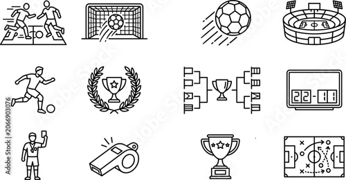 Tableau sur toile Soccer football line icon set featuring tournament playoff bracket match scorebo
