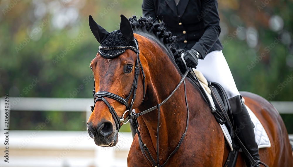 Obraz premium A close-up of a brown horse's head with a rider