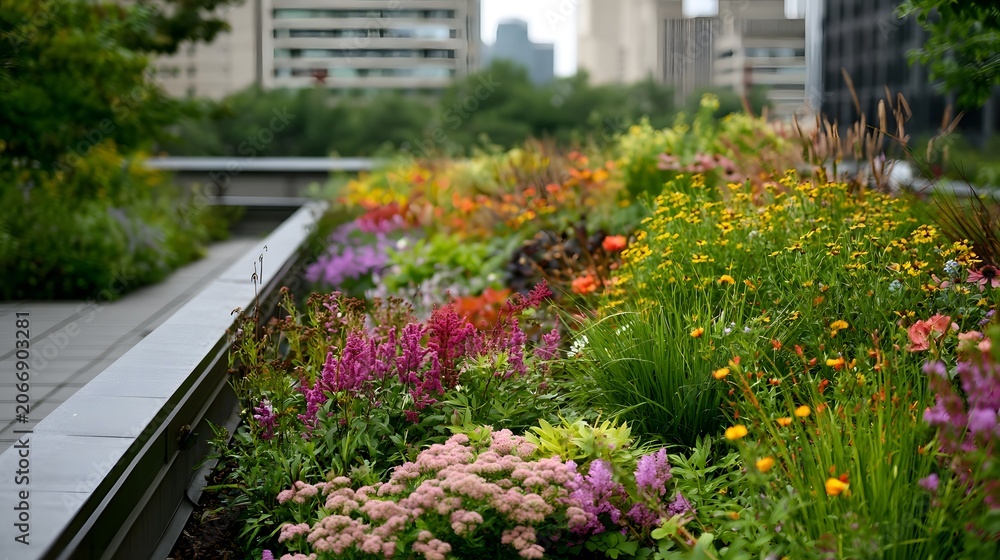 Fototapeta premium A vibrant urban garden flourishes on a city rooftop featuring lush greenery and birds in the background