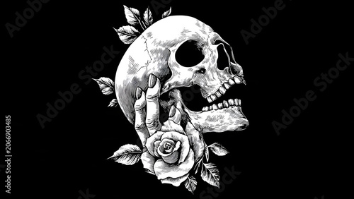 Black and white skull illustration with skeletal hand holding a rose on dark background