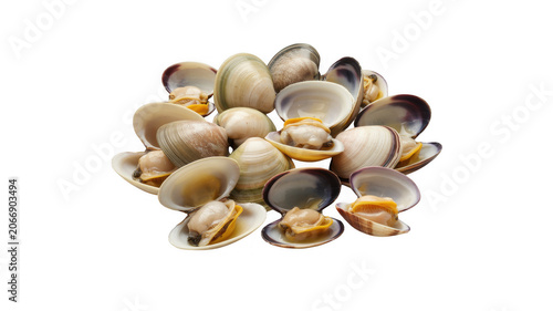 A cluster of fresh raw clams with open and closed shells, showing the soft meat inside, arranged together on a plain black background, studio shot