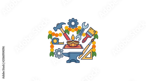 Photos Vishwakarma Puja: Tools, Anvil, Gears, and Diya for Divine Blessing