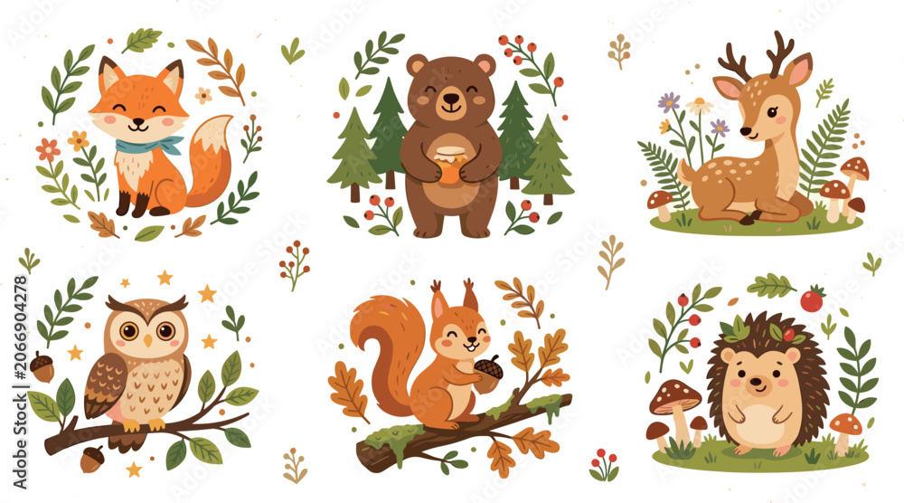Obraz premium Cute Woodland Animals Vector Sticker Badges with Fox, Bear, Deer, Owl, Squirrel, and Hedgehog Surrounded by Botanical Forest Foliage for Children Designs