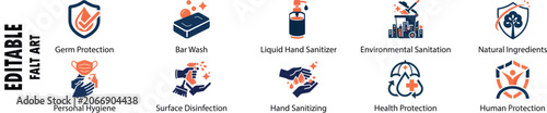 Fotografía Premium Sanitizing and Health Hygiene Flat Vector Icon Bundle - Hand Wash, Disin