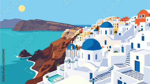 Mediterranean Santorini Village Overlooking Turquoise Sea And Coastal Cliffs