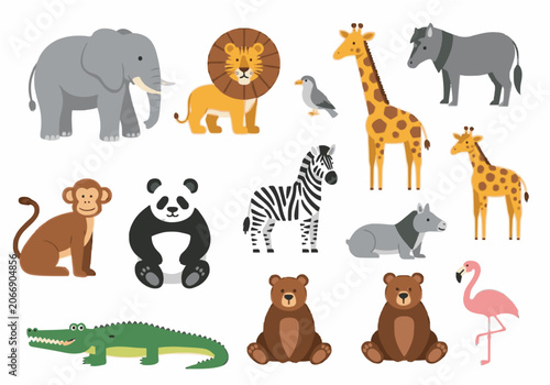 Canvas Print Set of cute cartoon zoo animals including elephant lion giraffe zebra panda bear