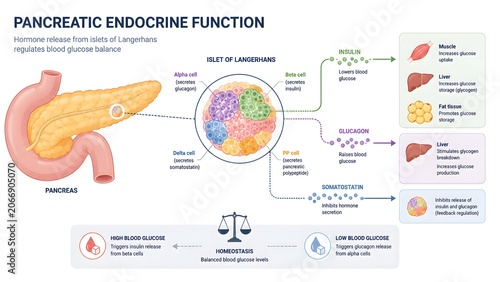 Pancreatic endocrine function diagram illustrating hormone release from islets of Langerhans regulating blood glucose balance and homeostasis.