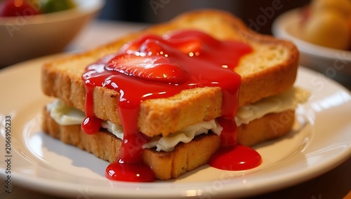 French Toast Sandwich with Strawberry Cream Cheese and Strawberry Coulis Breakfast ✅