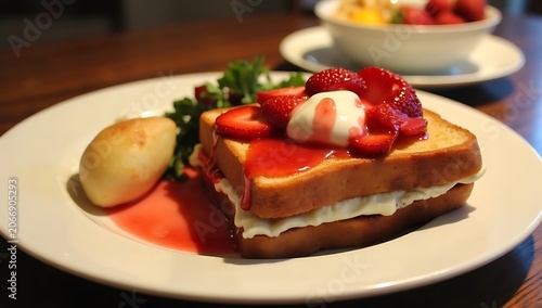 French Toast Sandwich with Strawberry Cream Cheese and Strawberry Coulis Breakfast ✅