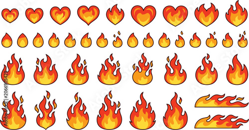 Collection of various fire and heart flame icons in flat cartoon vector style