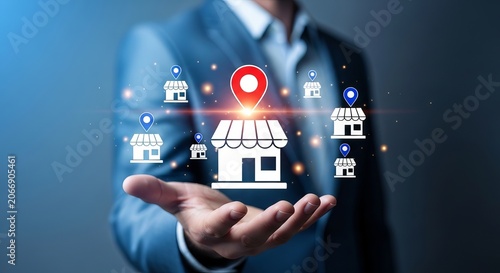 Business expansion, franchise network, and store location management concept