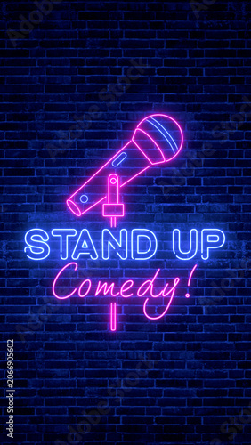 Принти на полотні stand up comedy show sign neon lights on brick wall background , bar and club co