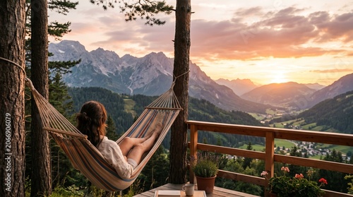 Peaceful Summer Travel Relaxation in a Cozy Mountain Balcony Hammock