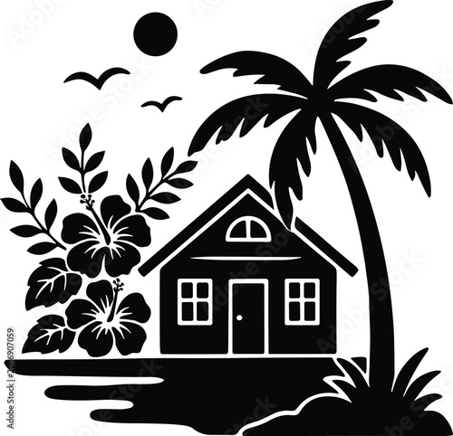 Black silhouette of a house with a palm tree and hibiscus flowers on a white background