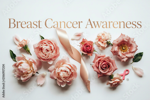Breast Cancer Awareness message displayed with an elegant arrangement of delicate pink flowers peonies roses and carnations a flowing satin ribbon and a small awareness pin