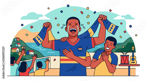 Excited soccer fans celebrating victory with cheering and raised arms in a stadium. EPS Editable