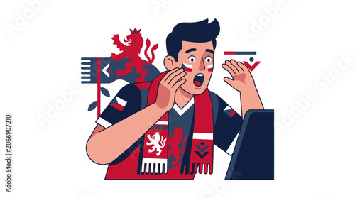 Excited soccer fan watching match on television with scarf. EPS Editable