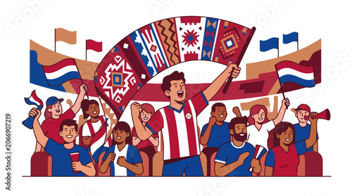 Excited soccer fans cheering in stadium with flags and banners. EPS Editable
