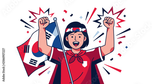Excited South Korean fan cheering with national flag illustration. EPS Editable