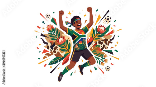 Excited South African soccer player celebrating victory with tropical floral elements. EPS Editable