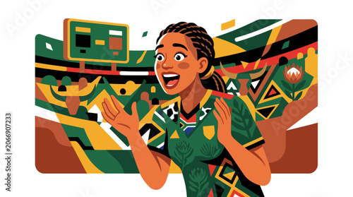 Excited South African female sports fan cheering at stadium. EPS Editable