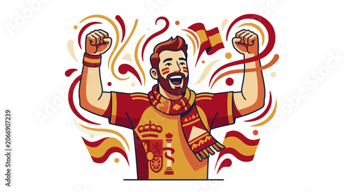 Excited Spanish soccer fan celebrating victory with arms raised. EPS Editable
