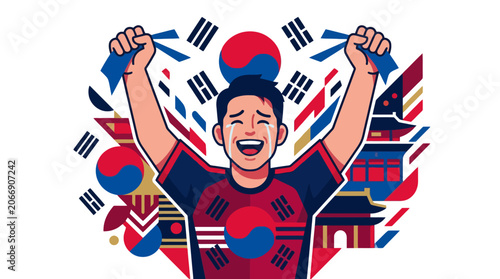 Excited South Korean sports fan celebrating victory with national flag elements. EPS Editable