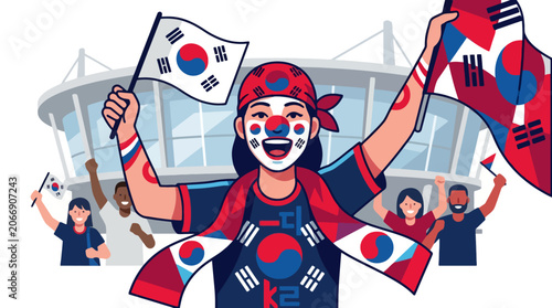 Excited South Korean Football Fan Cheering With National Flag. EPS Editable
