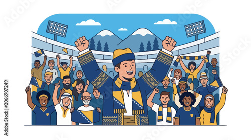 Excited sports fans cheering in a stadium illustration. EPS Editable
