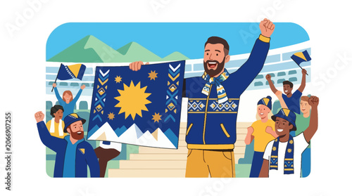 Excited sports fans cheering with flag at stadium. EPS Editable
